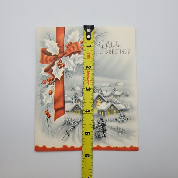 Vintage Yuletide Greetings Christmas Card With Winter Scene & Red Bow - Picture 7 of 7